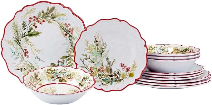 BLACK FOREST DECOR Christmas Dinnerware Set (12 pcs) Plates &amp Bowls 11 Dia.