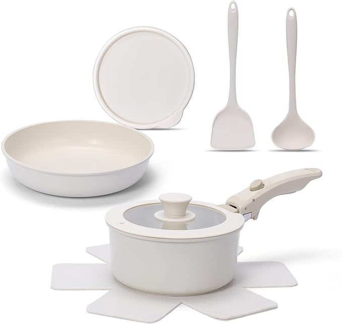8 PCS Kitchen Cookware Set Pots and Pans Sets Non Stick Induction Pan Set with Detachable Handle for RV CookwareOven Safe PFOA Free