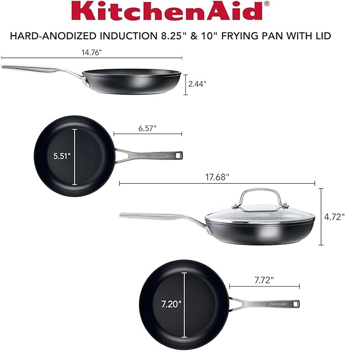 KitchenAid Hard Anodized Induction Nonstick Frying Pan Set With Lid 3-Piece – 8 &amp 10 Inch Skillets Durable Even Heating Dishwasher &amp Oven Safe Easy-Clean Matte Black