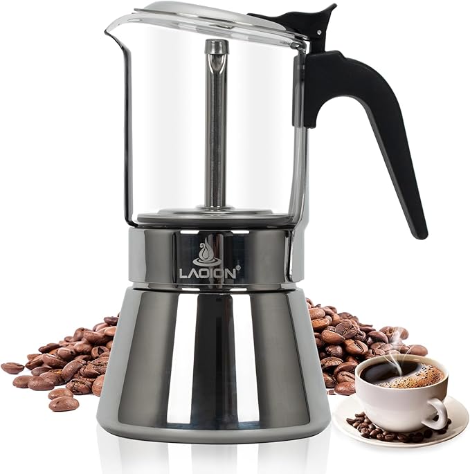 Stovetop Espresso Maker 6Cup 240ml Classic Moka Pot Crystal Glass-top &amp Stainless Steel Coffee Maker Mocha Pot Greca De Cafe Cuban and Italian Coffee Maker for Cafetera Cubana