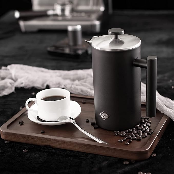 French Press Coffee Maker Double Wall 304 Stainless Steel Coffee Press with 60g Coffee Canister Black Dishwasher Safe 34oz (1L) (Black)