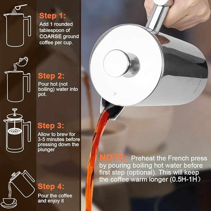 Secura French Press Coffee Maker 304 Grade Stainless Steel Insulated Coffee Press with 2 Extra Screens 34oz (1 Litre) Silver