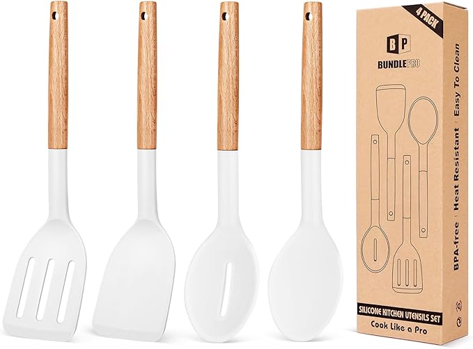Pack of 4 Silicone Cooking Utensils Set Non Stick Solid Spatulas and Heat Resistant Slotted Spoons with Wooden Handle Ideal Wood Kitchen Utensils Set for FryingServingTurningStirring (WHITE)