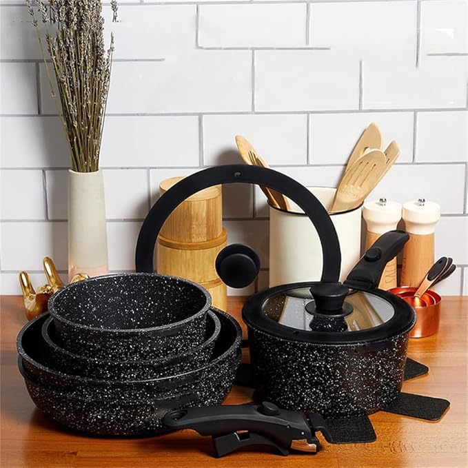 13 Piece Kitchen Black Pots and Pans Set Safe Nonstick Kitchen Cookware with Removable Handle Cookware Set Oven SafeA13Pcs