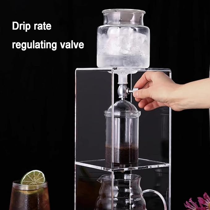 Cold Brew Coffee Tower Ice Drip Coffee Maker with 600ml Glass Pot Adjustable Drip Speed Valve Makes 2-4 Cups Acrylic Stand for Coffee Shop Tea Shop