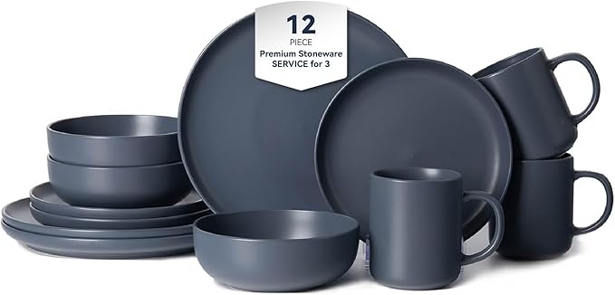 12-Piece Matte Blue Dinnerware SetStoneware Dinnerware for 3 Microwave &amp Dishwasher Safe Stackable Design for Kitchen and Dining - PlatesBowls and Mugs