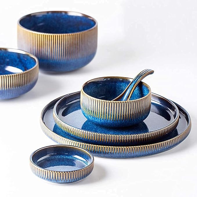 Stylish Dinner Set for Restaurant and HomeCeramics Dinner SetsBowl/Dish/Spoon|Gradient Texture Dinnerware Set Retro Kiln Glaze Porcelain Combination Set 22 Pieces Kitchenware