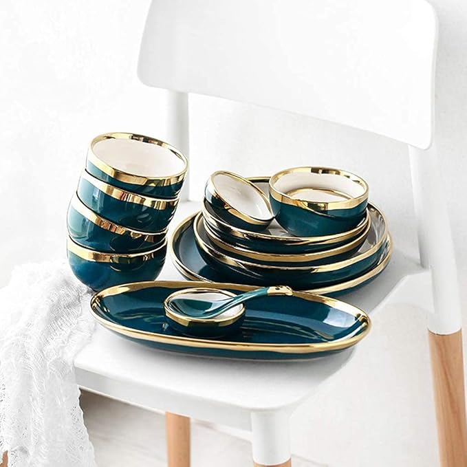 Dinner Set for Luxury Restaurant and Home Ceramics Dinner Sets Plate/Bowl/Spoon | 26 Pieces Phnom Penh Dinnerware Set - Porcelain Combination SetGreen-