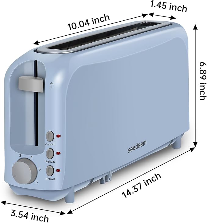 SEEDEEM 2 Slice Slim Toaster Single 10 Long Slot Toaster Fits Bagels &amp Artisan Bread 6 Shade Settings Cancel/Reheat/Defrost Removable Crumb Tray Auto Shut-Off Blue
