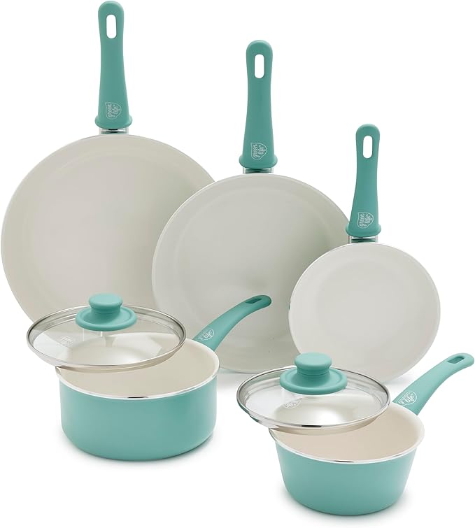 GreenLife Soft Grip Healthy Ceramic Nonstick Cookware Set 7 10 and 12 Frying Pan Skillets 1QT and 2QT Saucepans with Lids PFAS &amp PFOA-Free Dishwasher Safe Turquoise