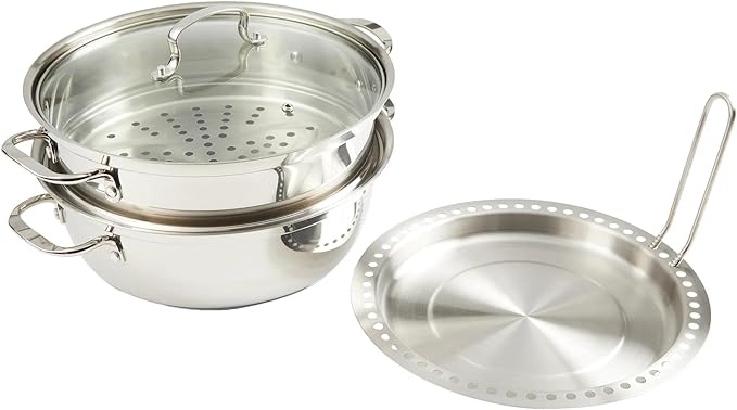 Kenmore Elite Devon Heavy Gauge Stainless Steel Tri-Ply Impact Bonded Induction 6.5 QT Dutch Oven W/ 11 Steamer and Metal Tong Set 5-Piece