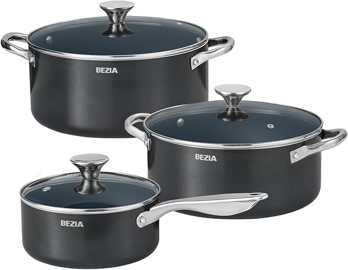Induction Cookware Set 6-Piece Stackable Kitchen Cooking Pots Set 6qt 4.8qt &amp 2qt Pots with Lids Dishwasher Safe &amp Oven Safe Compatible with All Stoves Black