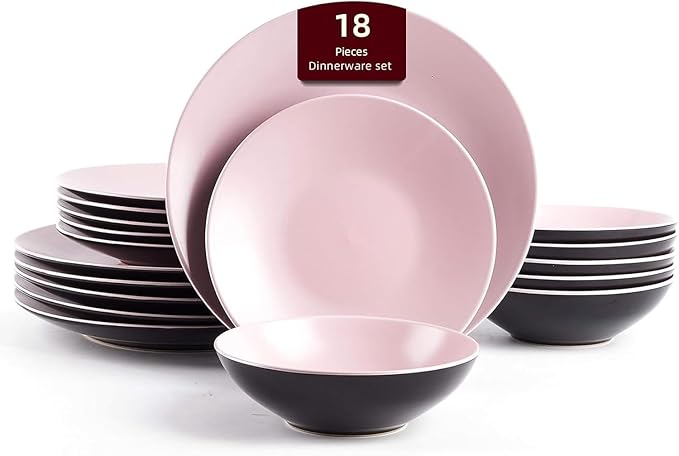 Stoneware Two-Tone Colors Life 18pc Dinner SetOutside Shiny Black + Inside Matte Glaze Rose