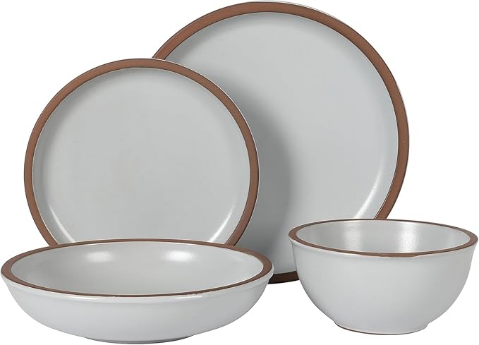 16 Piece Terracotta Dinnerware Set – Matte Ceramic Plates and Double Bowls with Raw Rim Microwave &amp Dishwasher Safe Service for 4 (Matte White)