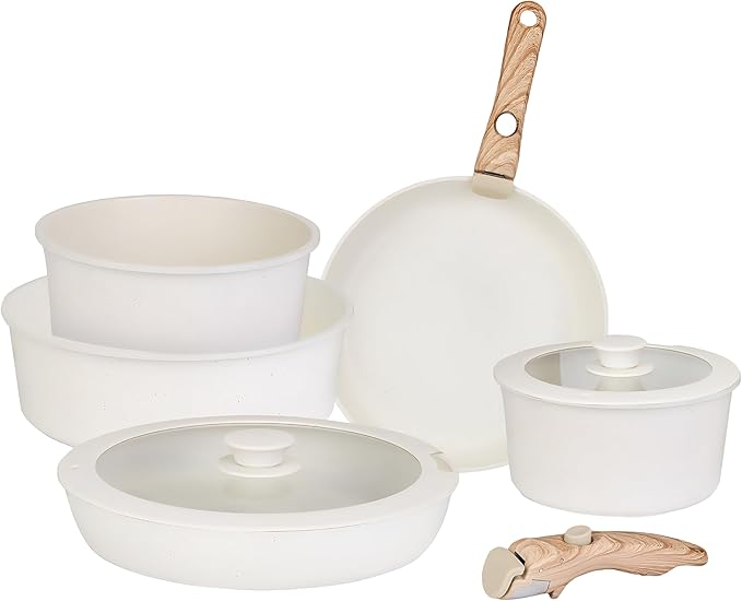 9 Pcs Pots and Pans Set White Granite Induction Cookware Non Stick Cooking Set w/Frying Pans &amp Saucepans(PFOA Free) Space Saving Detachable handles Dishwasher Safe Oven Safe