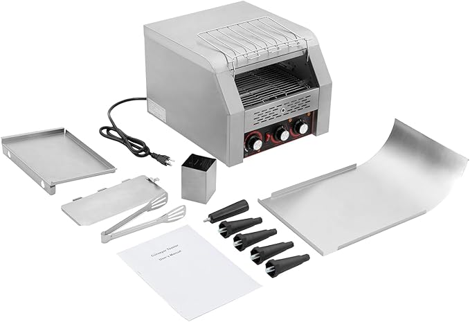 1900W Commercial Conveyor Toaster Stainless Steel Toaster with Upper and Lower Heating Tubes and Crumb Tray 300 Slices/H Heavy Duty Countertop Electric Toaster for Bun Bagel Bread Silver 110V
