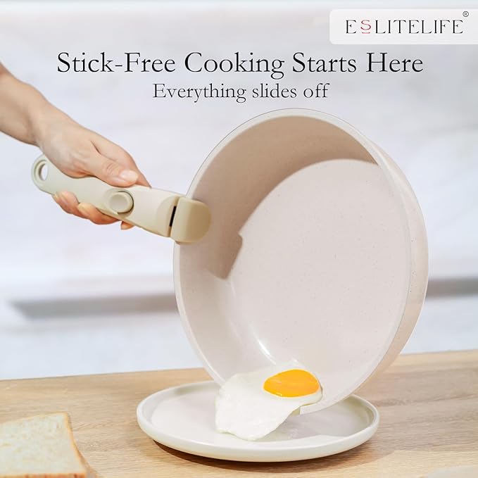 ESLITE LIFE Nonstick Cookware Sets with Detachable HandleCeramic Coating Pots and Pans Set Kitchen Cooking Set Compatible with All Stovetops PTFE &amp PFOA Free White 10 Pcs Set