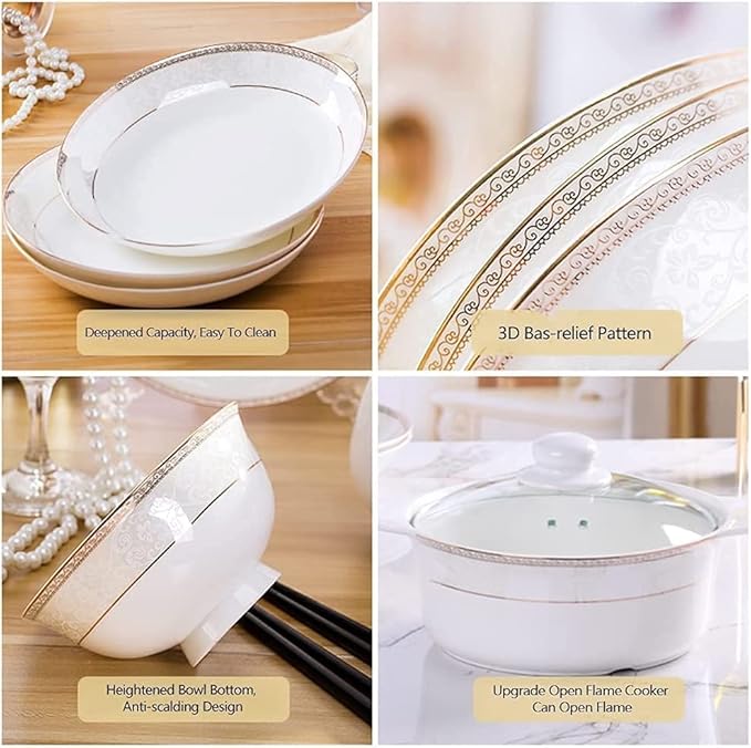 Dinnerware Set Luxury Family Dinner Service Set 56PCS Ceramic Dinnerware Set Bone China Tableware Dishes Plates Ceramic Combination Dinner Service Set Porcelaine Service(56 Standard pots)