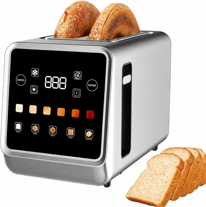 Stainless Steel Digital Toaster with Touch Screen Multiple Browning Levels Bagel Defrost and Reheat Functions