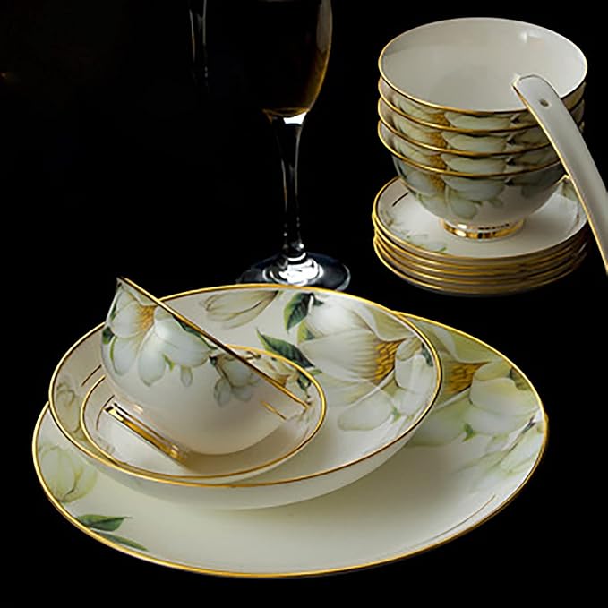 60 Pieces Dinnerware Set Porcelain Bone China Kitchen Dinner Set with Cereal Bowls Dessert Plates Soup Plates Fish Plate Dishes and Soup Pot Service for 10 People Dishwasher and Microwave Safe