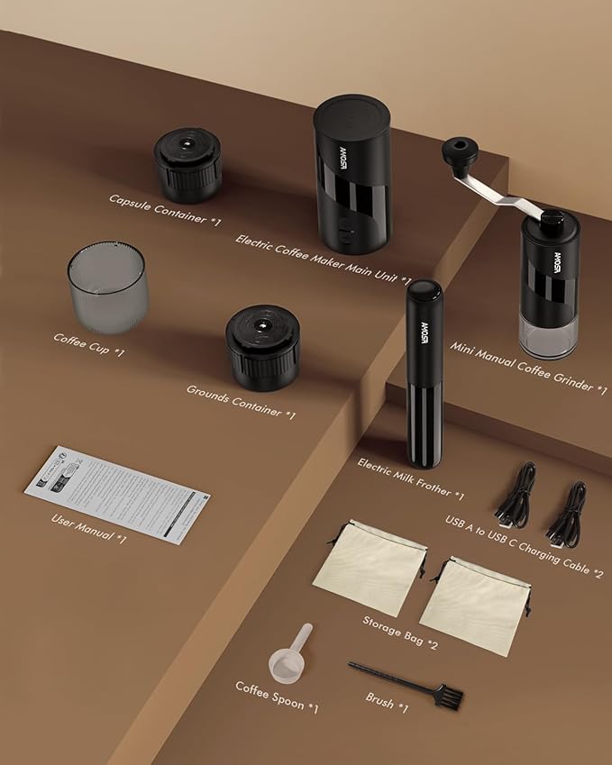 Portable Electric Espresso Machine &amp Manual Coffee Grinder &amp Electric Milk Frother All in 1 Mini Travel Coffee Maker Set for Camping Car RV Hiking Office Home Ground Coffee &amp NS Caps