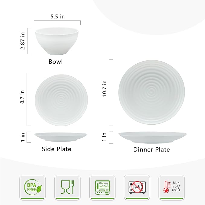 White Melamine Dinnerware Sets12PCs Anti-scratch Dishes Set Lightweight and Non breakable DinnerwareSuit for Indoor and Outdoor Use Dishwasher SafeBPA free (Classic White)
