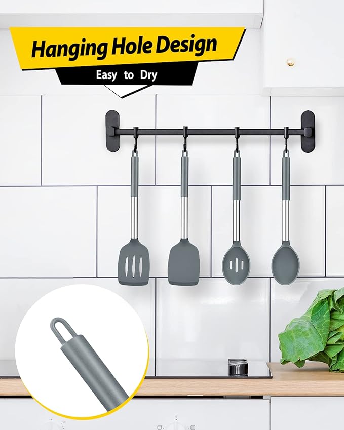 Pack of 4 Silicone Cooking Utensils Set Non Stick Large Solid Spatulas Heat Resistant Gray Slotted Spoons Ideal BPA Free Kitchen Turners for Frying MixingServingDrainingTurningStirring