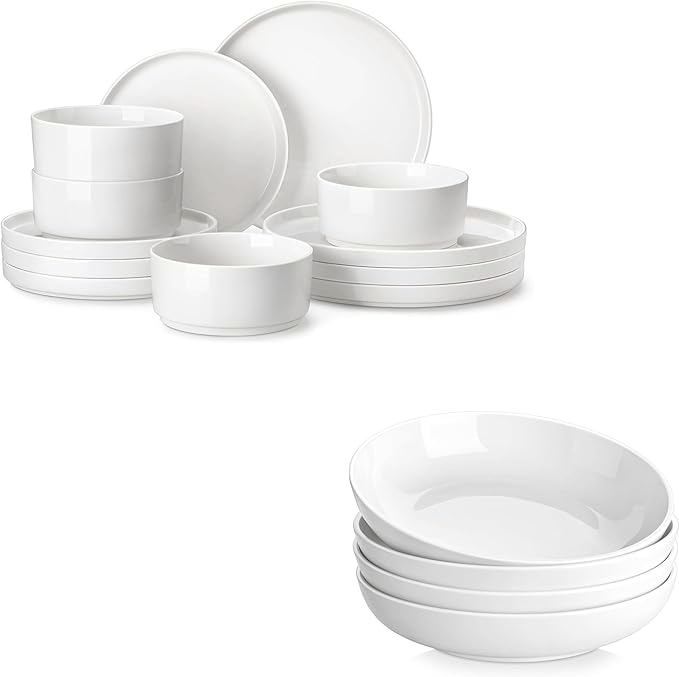 MALACASA 12 Pieces Porcelain Dinnerware Set Bundles 10 Large Pasta Bowls 56 OZ White