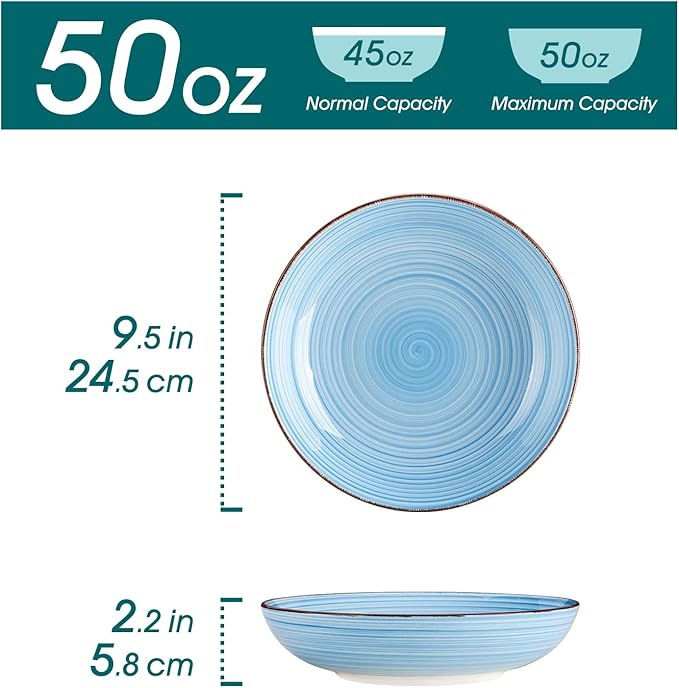 vancasso Bonita Pasta Bowls Set of 6 50oz Large Salad Bowls for Kitchen Stoneware Serving Bowls Dishwasher &amp Microwave Safe Blue Bowl Set