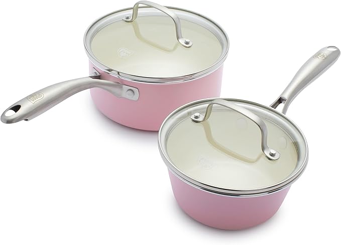 GreenLife Artisan Healthy Ceramic Nonstick 1QT and 2QT Saucepan Pot Set with Lids Stainless Steel Handle Induction PFAS-Free Dishwasher Safe Oven Safe Pink