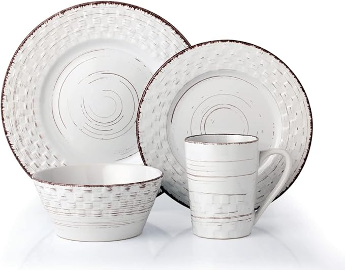 16 Piece Distressed Weave Dinnerware Set White