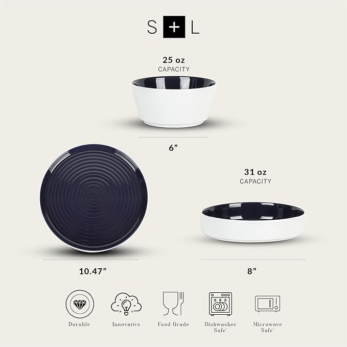 Stone Lain Elica 12-Piece Modern Dinnerware Set Stoneware Plates and Bowl Sets for 4 Navy and White