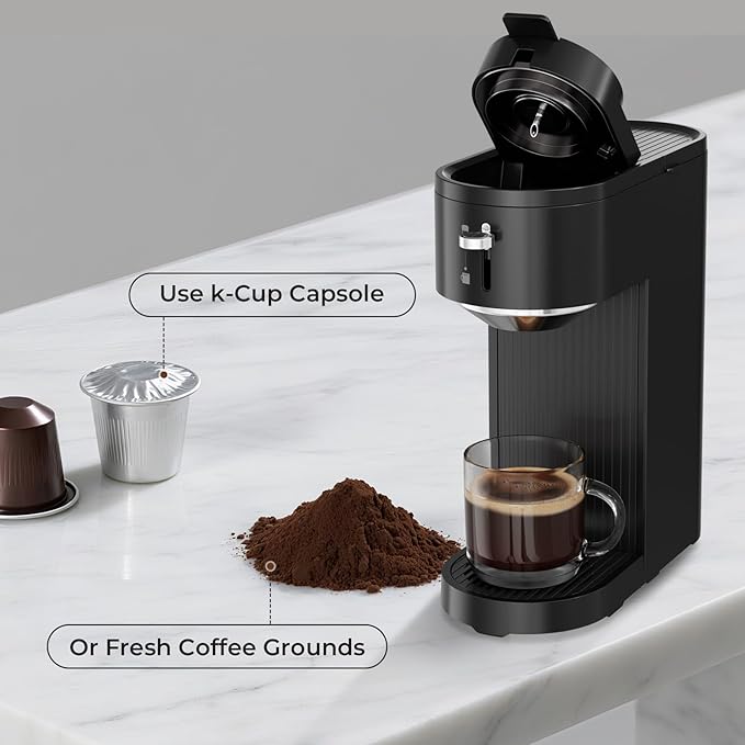 Kismile K-mini Single Serve Coffee Maker for K Cup and Ground Coffee - Dual Brew Coffee MachineAdjustable 6oz-14oz Cup Size Auto Clean &amp Shut Off Compact Design for Home/Office (Matte Black)