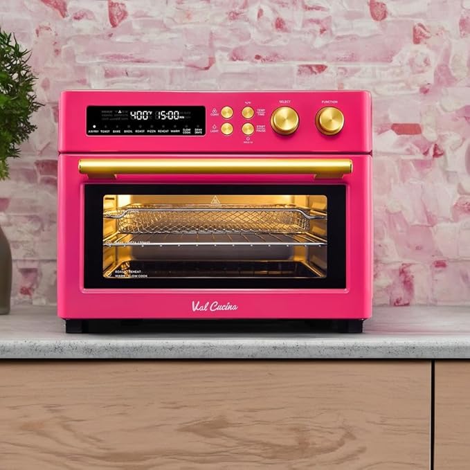 VAL CUCINA Limited Edition Happy Pink Infrared Heating Air Fryer Toaster Oven Extra Large Countertop Convection Oven 10-in-1 Combo 6-Slice Toast Enamel Baking Pan Easy Clean with Recipe Book
