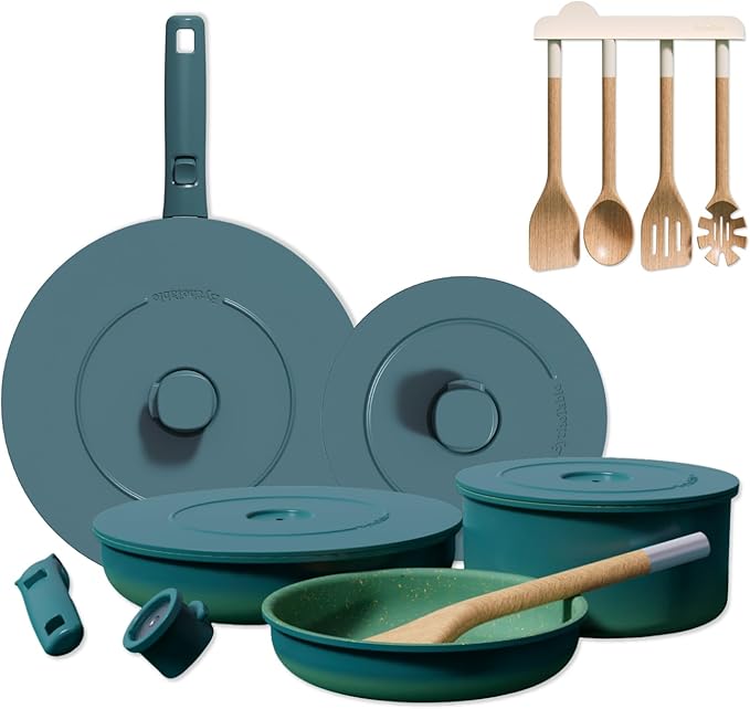 By the Table Cookware &amp Spatula Sets Ceramic Titanium Non-Toxic Nonstick Cookware Set 8-Piece &amp 4-Piece Wood Spatula Set