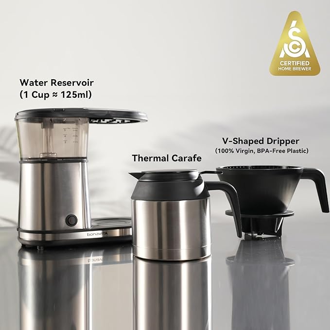 Bonavita 5 Cup Drip Coffee Maker Machine One-Touch Pour Over Auto Pause Brewing with Stainless Steel Double Wall Thermal Carafe SCA Certified Dishwasher Safe BV1500TS