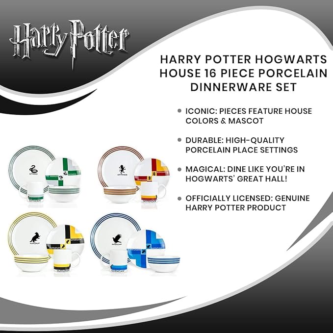 Harry Potter Hogwarts House Porcelain 16 piece Dinnerware Set - Includes 4 Dinner Plates 4 Salad Plates 4 Bowls and 4 Mugs - Gryffindor Hufflepuff Ravenclaw and Slytherin