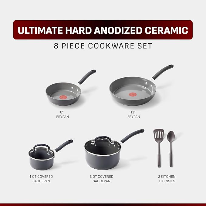 T-Fal Ultimate Hard Anodized Ceramic Nonstick 8 Piece Cookware Set Oven Safe Up to 400°F Dishwasher Safe Pots and Pans Set Includes Frying Pans Saucepan Cooking Utensils Grey