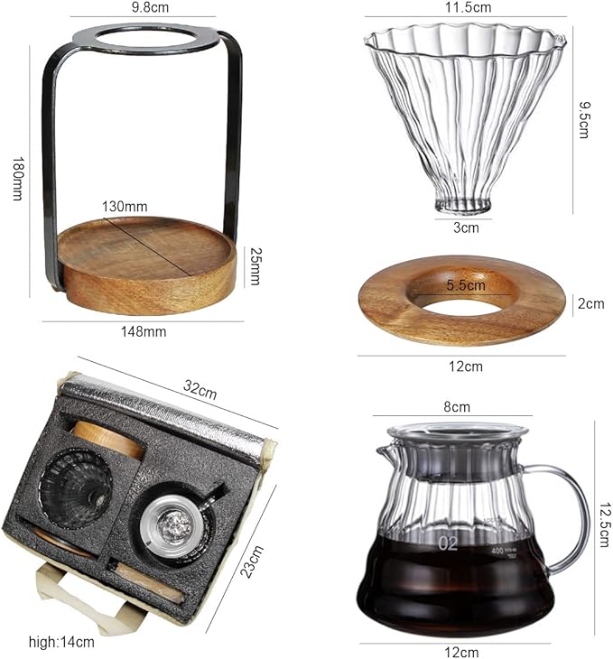 SOTECH Pour Over Coffee Station Dripper Stand Coffee Filter Wooden Filter Holder Glass Server with Paper Coffee Filters Coffee Maker Stand Set for Coffee Tea and Saffron