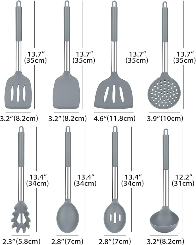 Silicone Cooking Utensil Set 8Pcs Non-stick Cookware with Stainless Steel Handle BPA Free Heat Resistant Kitchen Tools with Spatulas Turnesr Spoons Skimer and Pasta Fork (GRAY)