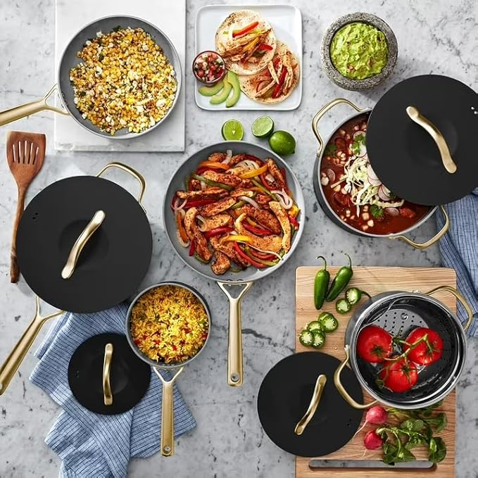 11 Piece Modern Ceramic Cookware Set (Black) – Nonstick Healthy Ceramic Interior – Heavy Gauge Aluminum with Induction Base – Oven Safe to 450°F