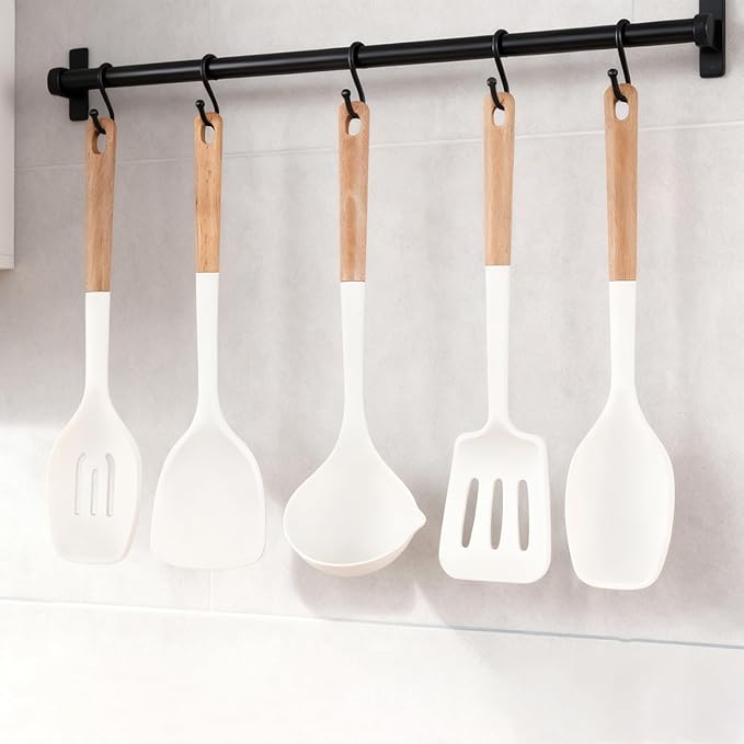 Silicone Cooking Utensils Set 5 Pcs Large Non-Stick Kitchen Utensils Set Wooden Handle Heat Resistance Turner Soup Ladle Spoon Silicone Cooking Kitchen Gadgets BPA Free for Nonstick Cookware