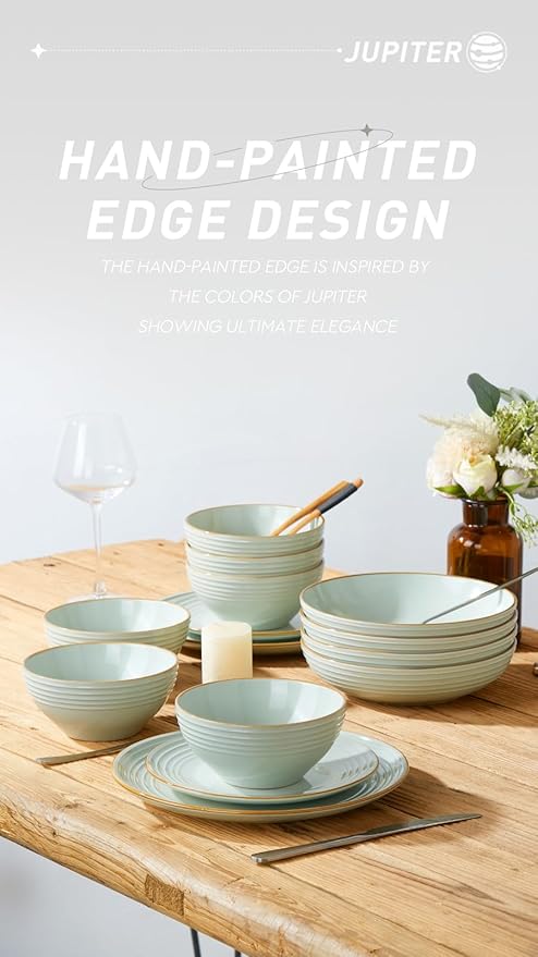 Famiware Jupiter 12-Piece Dinnerware Sets 4-Piece Pasta Bowls 4-Piece 14 oz Mug Set 20-Piece Stoneware Dinnerware Sets Light Green