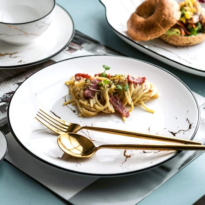 10 Piece Marble Design Bone China Dinnerware Set White Porcelain Plates And Bowls Plate Set
