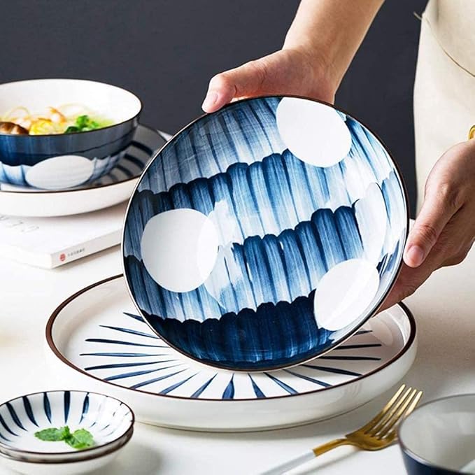 Pottery TablewareBlue Printed Ceramic Dinnerware Sets Porcelain Combi-Set Dinner Plates Dessert Plates Cereal Bowls Salad Bowls