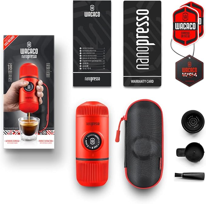 WACACO Nanopresso Portable Espresso Maker Bundled with Protective Case Upgrade Version of Minipresso Mini Travel Coffee Machine Perfect for Camping Travel and Office (New Elements Lava Red)