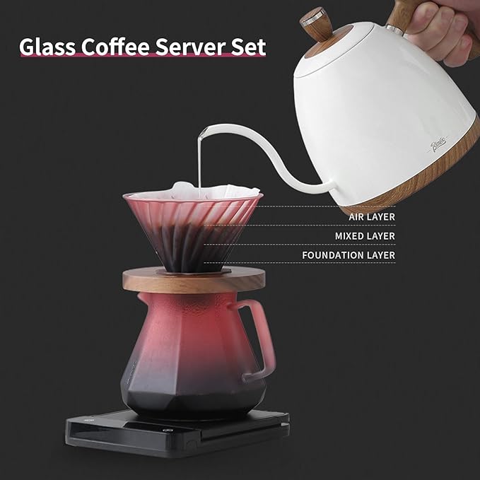 Bincoo Pour Over Coffee Maker Set - Borosilicate Glass Dripper with Walnut Handle &amp Glass Lid 50 pcs Paper Filters Included