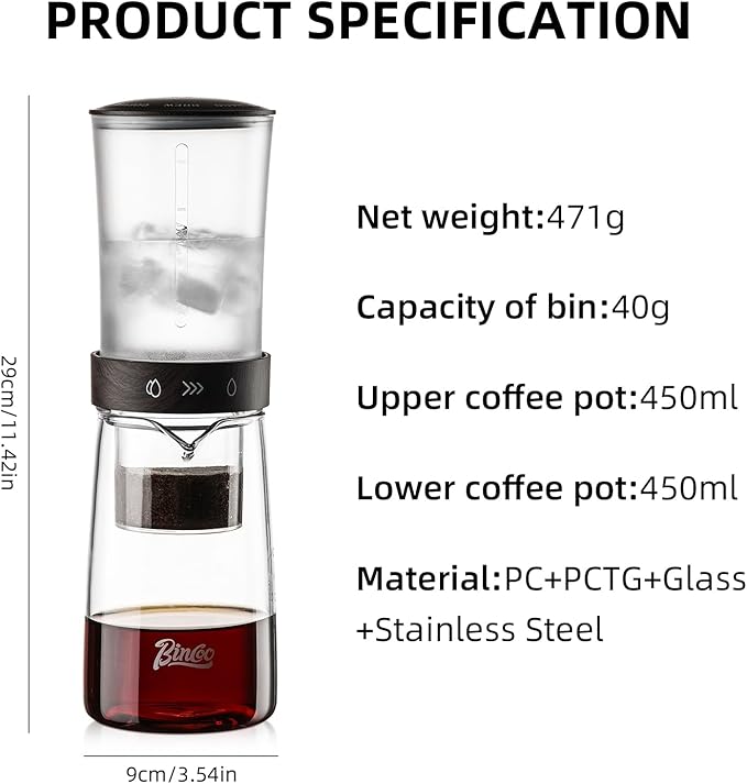 Cold Brew Coffee Maker 450ML Ice Drip Coffee BrewerSlow Drip Coffee Maker with Fine Mesh Filter Adjustable Water Flow (Dark Brown)