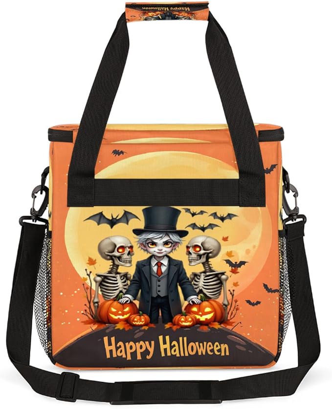Halloween Skull Pumpkin Bat Moon Coffee Maker Carring Bag Travel Carrying Storage Tote Bag Compatible with Keurig K-Mini or K-Mini Plus Portable Single Serve Coffee Brewer Case with Pockets