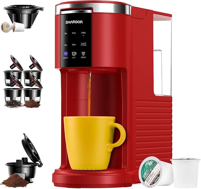 SHARDOR 3 in 1 K Cup Coffee Maker Single Serve Coffee Maker for K Cup Pods &amp Ground Coffee &amp Teas 6 to 14oz Brew Sizes 40oz Detachable Water Reservoir Compact Design Red